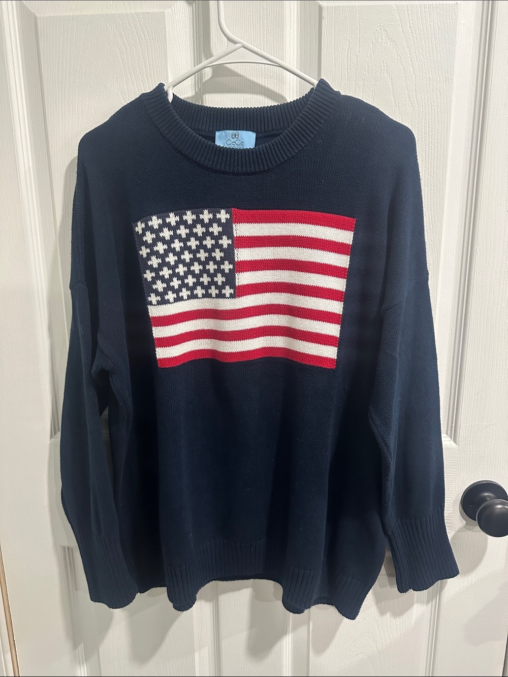CeCe Navy Crewneck Sweater with Red, White & Blue Flag Sz M